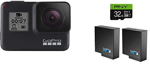 GoPro HERO7 Black + PNY Elite-X 32GB microSDHC UHS-I, U3 + 2 Total Rechargeable Batteries - Waterproof Digital Action Camera with Touch Screen 4K HD Video 12MP Photos Live Streaming Stabilization