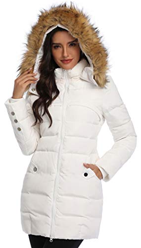 Epsion Women's Hooded Thickened Long Down Jacket Winter Down Parka Puffer Jacket (White, XS)