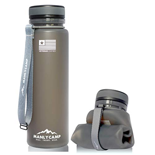 MANLYCAMP REAL. TOUGH. GEAR. Collapsible Water Bottle - 22 Oz - BPA Free Silicone - for Hiking, Camping, Gym, Military & Travel (Charcoal)