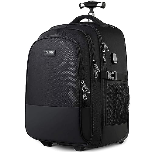 YOREPEK Backpack with Wheels, Large Rolling Backpack for Men Women, Water Resistant Business Travel Carry on Wheeled Backpack Bag, Durable Roller College Computer Bag Fits 15.6 Inch Laptop, Black