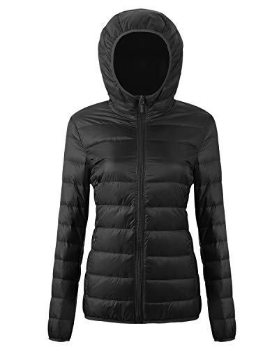 EQUICK Women's Hooded Puffer Packable Down Jacket Ultra Light Weight Short Coat with Travel Bag U219WYRF026,Black,XL