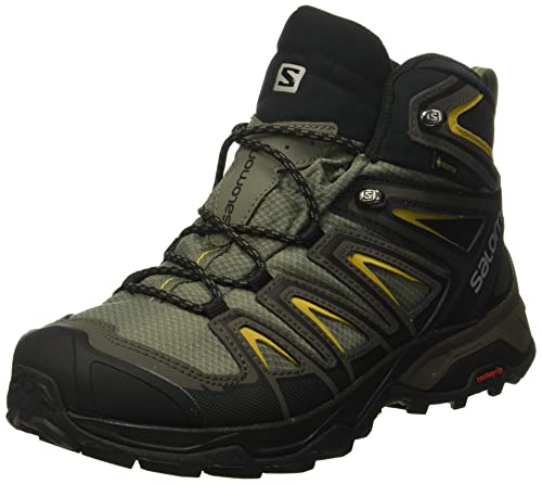 Salomon X Ultra 3 MID Gore-TEX Hiking Boots for Men, Castor Gray/Black/Green Sulphur, 10.5
