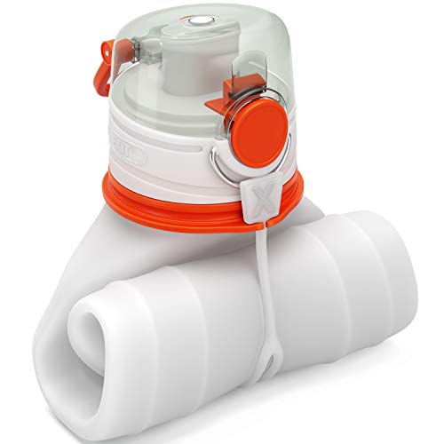 EXIT Collapsible Water Bottle - Foldable Water Bottle for Travel - BPA Free - Premium Medical Grade Silicone - Triple Leak Proof - Lightweight - 26 oz (White)