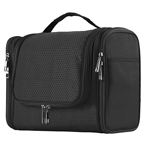 Extra Large Capacity Hanging Toiletry Bag for Men & Women, Portable Waterproof Bathroom Shower Bag, Lightweight Dopp kit Shaving Bag, Sturdy Metal Hook Organizer Makeup Bag (Black)