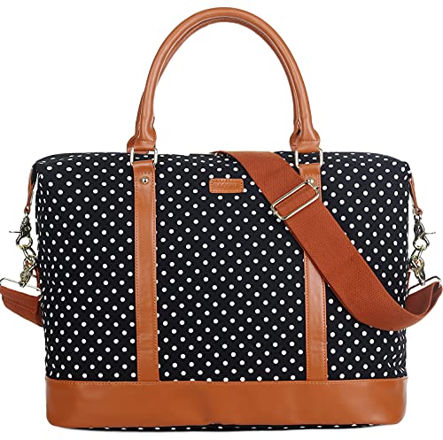 BAOSHA Women Canvas Travel Weekender Bag Overnight Carry-on Shoulder Duffel Tote Bag (Black Dot) 16 x 12 x 8 inch